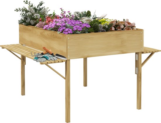 Outsunny verhoogde plantenbak met tafel en 12 roosters bruin