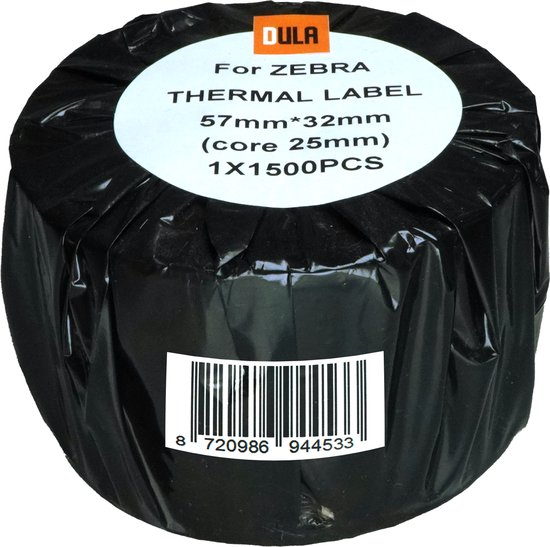 Zwart verpakte rol DULA thermische labels, 57x32mm, 1500 stuks per rol.
