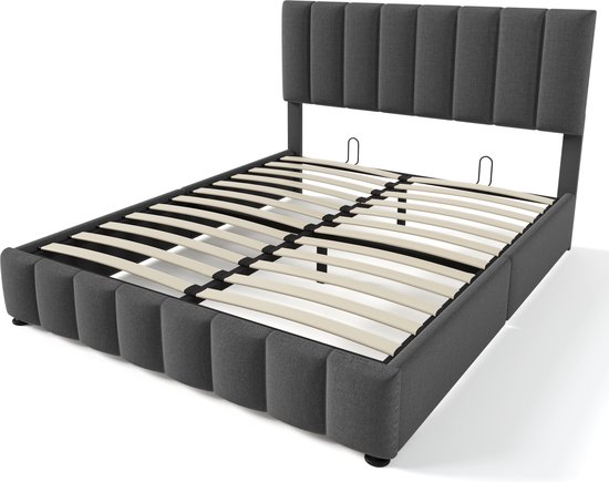 HYUB Gestoffeerd bed, 140 x 200 cm, met lattenbodem en bedlade, hydraulisch opbergbed, tweepersoonsbed met hoofdeinde en rugleuning, bedlade bekleed met vuilafstotend zwart fluweel