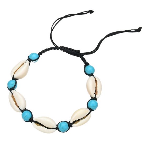 Fako Bijoux® - Schelpjes Armband - Schelpen - Turquoise - Nylon - Zwart