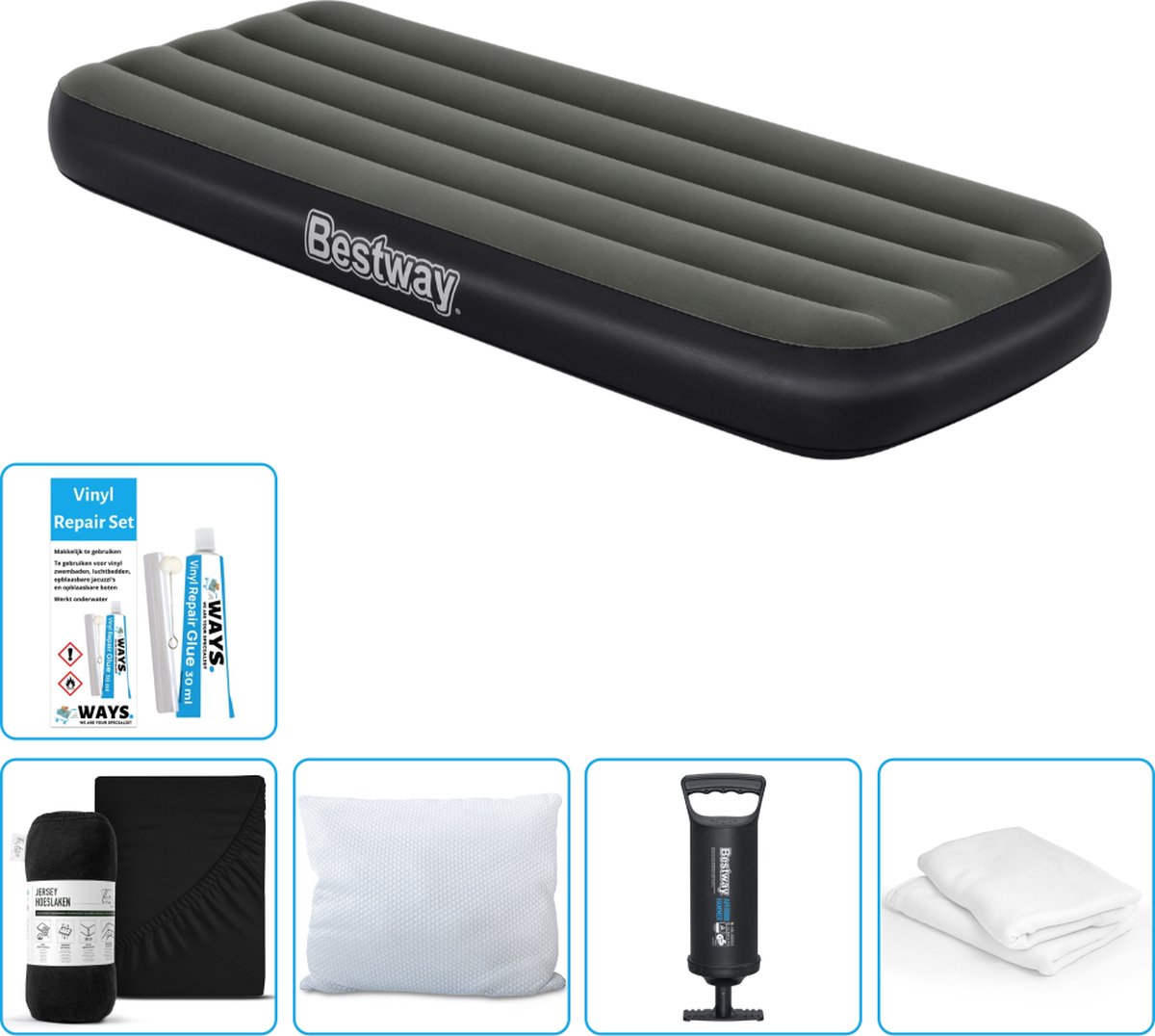 Bestway luchtbed - 1-Persoons - 76 x 185 x 25 cm - Groen - Inclusief Hoeslaken - Kussen - Kussenbeschermer - Pomp en Reparatieset
