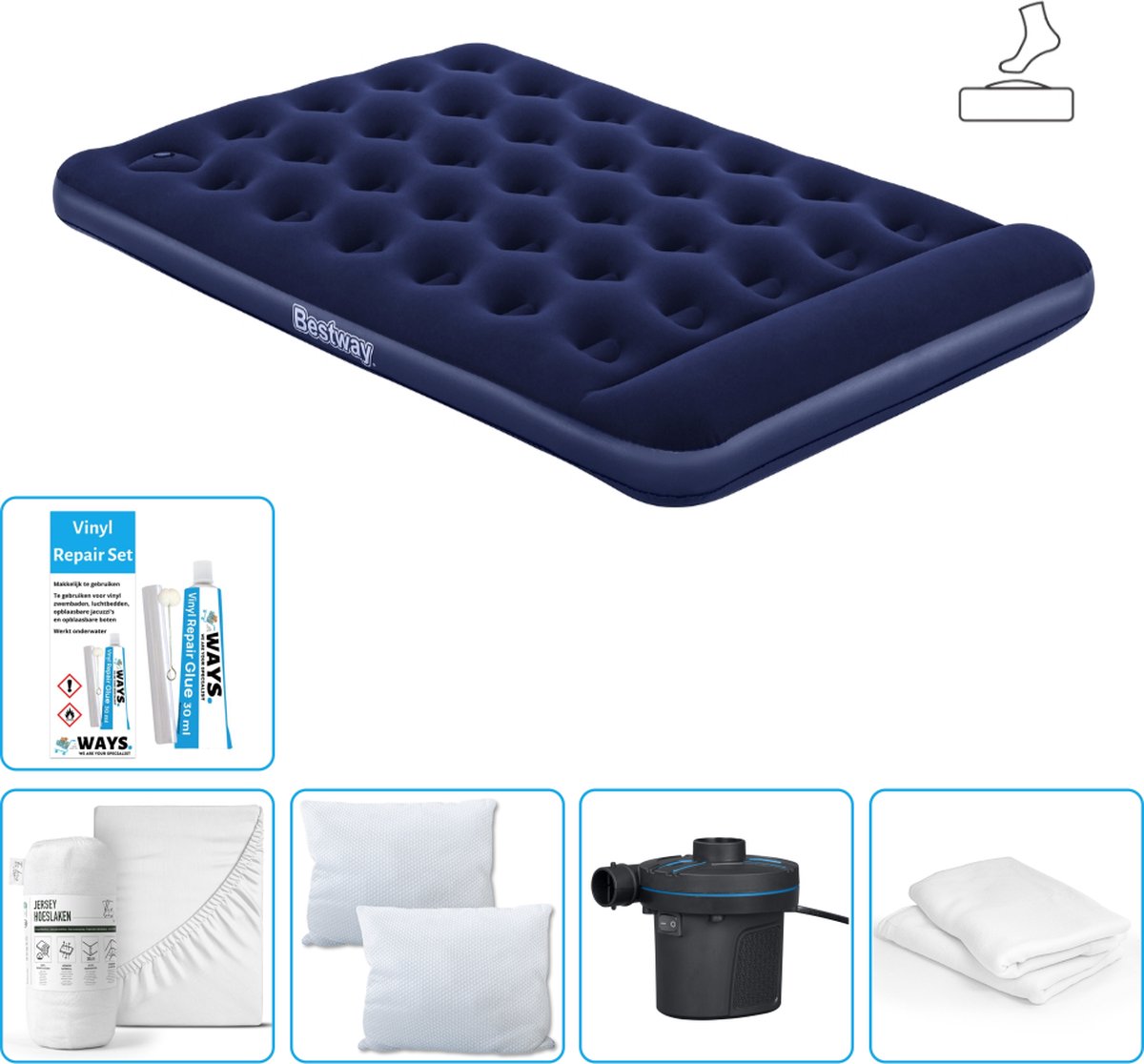 Bestway luchtbed - Twijfelaar - 137 x 191 x 28 cm - Blauw - Inclusief pomp - Hoeslaken - Kussen - Kussenbeschermer - Pomp en Reparatieset