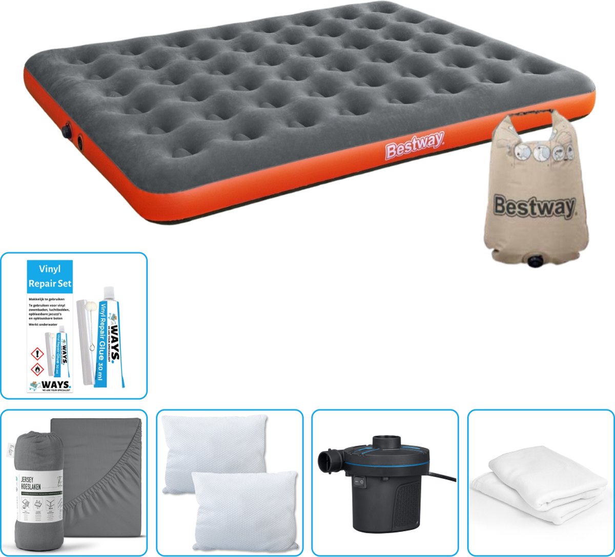 Bestway luchtbed - 2-Persoons - 152 x 203 x 22 cm - Grijs/Oranje - Inclusief Hoeslaken - Kussen - Kussenbeschermer - Pomp en Reparatieset