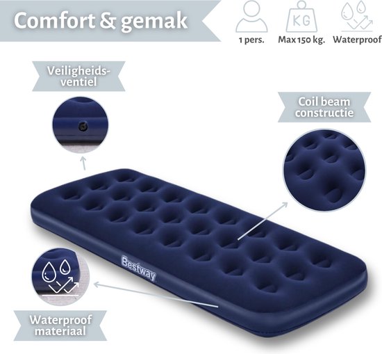 Bestway luchtbed - 1-Persoons - 76 x 185 x 22 cm - Blauw - Inclusief Pomp en Reparatieset van Bestway — afbeelding 4