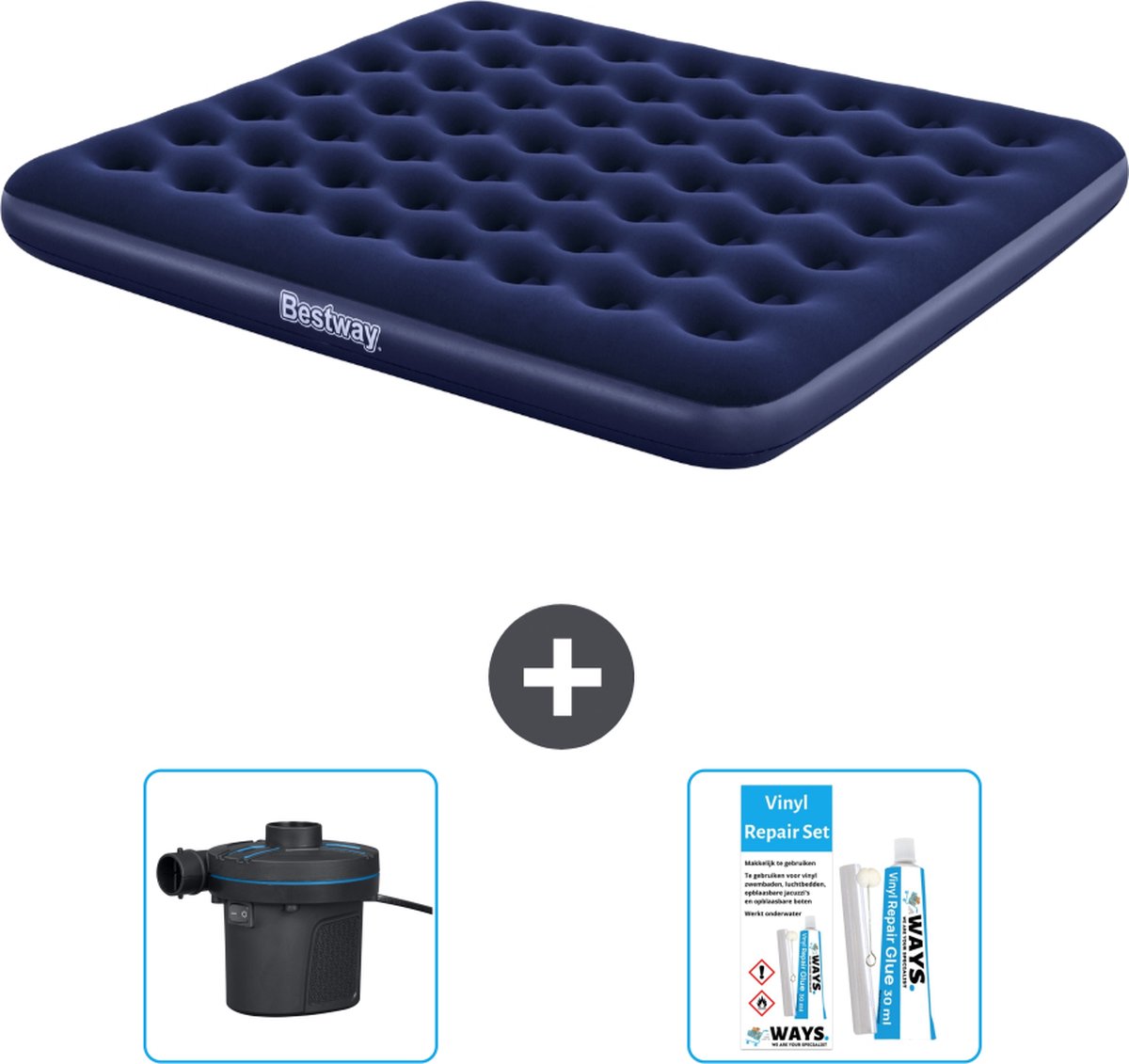 Bestway luchtbed - 2-Persoons - 183 x 203 x 22 cm - Blauw - Inclusief Pomp en Reparatieset