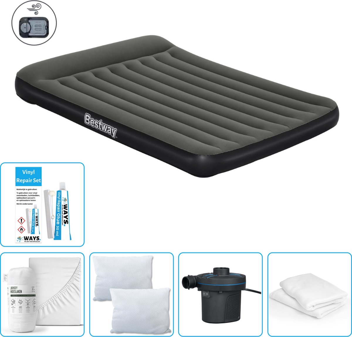 Bestway luchtbed - 2-Persoons - 152 x 203 x 30 cm - Groen - Inclusief pomp - Hoeslaken - Kussen - Kussenbeschermer - Pomp en Reparatieset
