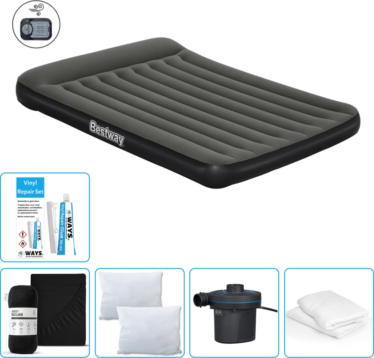 Bestway luchtbed - 2-Persoons - 152 x 203 x 30 cm - Groen - Inclusief pomp - Hoeslaken - Kussen - Kussenbeschermer - Pomp en Reparatieset
