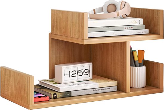 Bureaurek, desktop boekenplank, hout, bureauplank, DIY tafelplank, desktop opbergplank, boekenplank, kleine desktop organizer, boekenplank voor slaapkamer, kantoor (houtkleur, D)