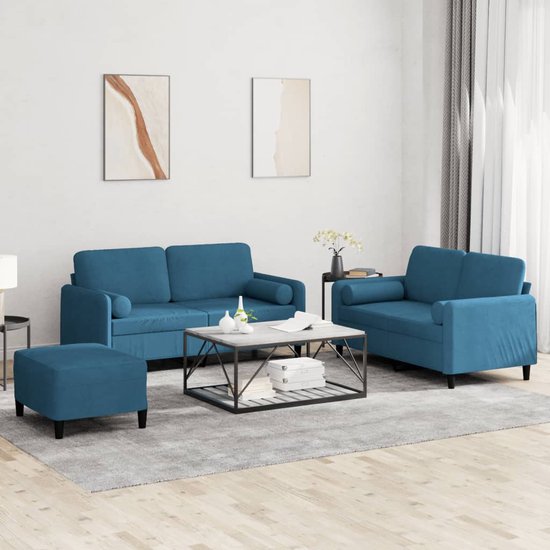 vidaXL - 3 pièces - Ensemble de salon - avec - coussins - velours - bleu
