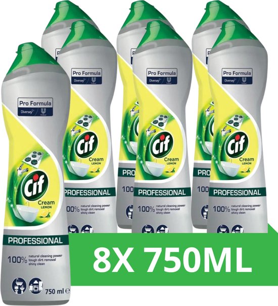 Cif Cleanboost Schuurmiddel - Cream Citroen - met 100% natuurlijke bestanddelen, 1 product voor 101 oppervlakken - 8 x 750 ml