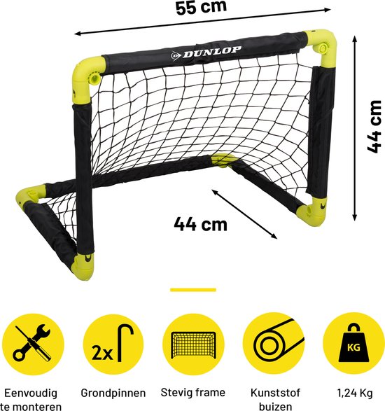 Zwart en geel voetbaldoel van 55x44cm met afmetingen en pictogrammen voor eenvoudige montage, grondpennen, stevig frame, kunststof buizen en gewicht.