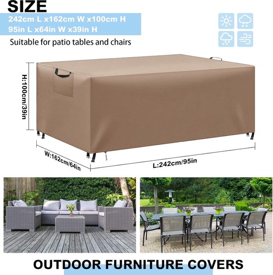 Housse Salon De Jardin Rectangulaire - 242x162x100 Cm - Imperméable Anti-UV 600D - Avec Cordon De Serrage - Beige/brun