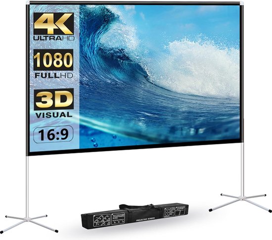 Foto: Buitenscherm met standaard draagbaar projectiescherm 100 inch opvouwbaar 16 9 hd 4k film projectiescherm met standaard poten en draagtas voor binnen en buiten projectieschermen achtertuin projector