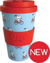 Quy Cup 400ml Ecologische Reis Beker - Peanuts Snoopy 15 “Bici" - BPA Vrij - Gemaakt van Gerecyclede Pet Flessen met Rood Siliconen deksel-drinkbeker-reisbeker