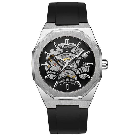 Skeleton Rubbere Horloge | Waterafstotend | Cadeau Giftbox | Zilverkleurig | Automatic Horloges | Automatisch Watchwinder | Skeleton Horloges | Rubbere Band | Herenhorloge | Vaderdag | Vaderdag Cadeau