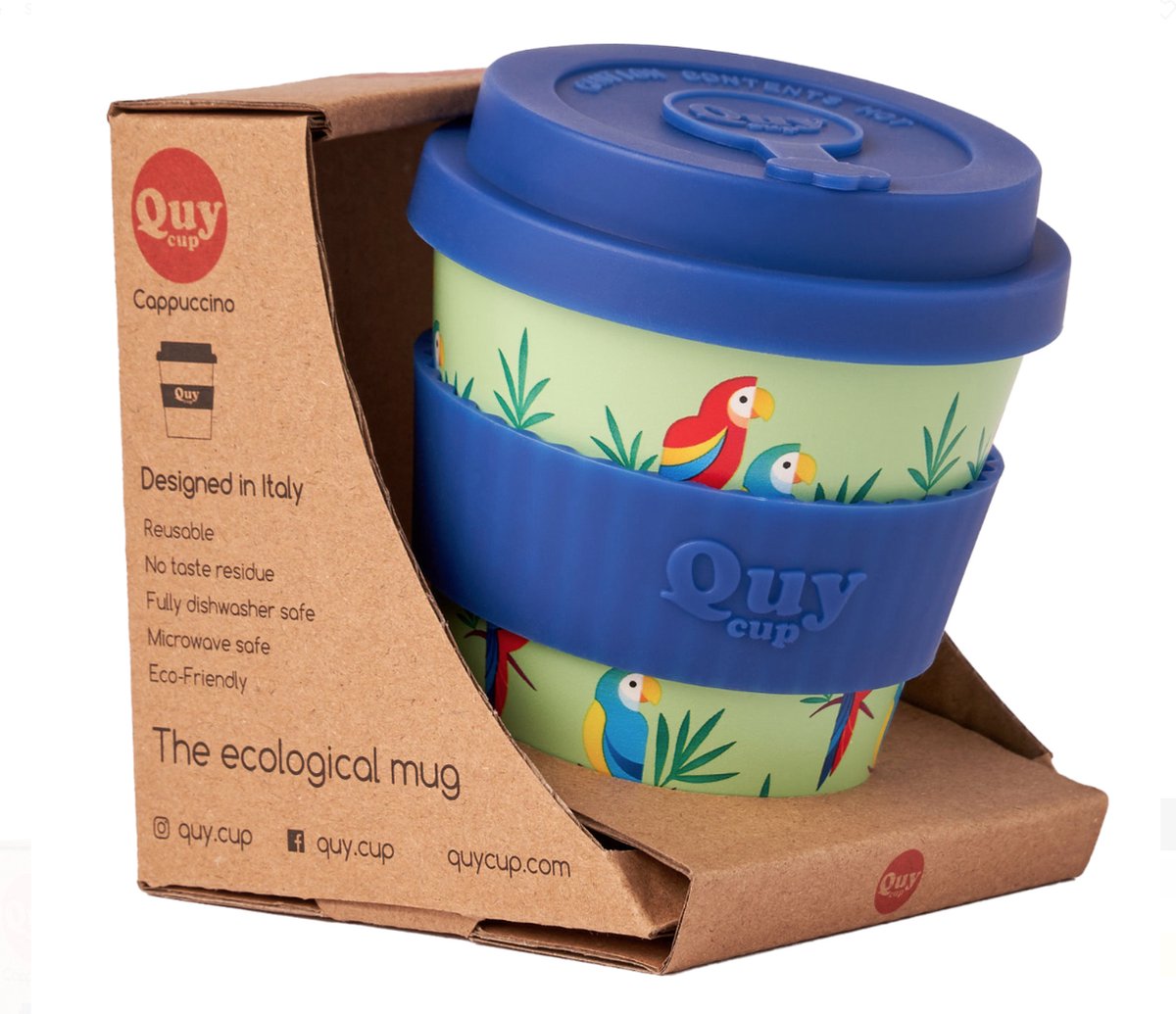 Quy Cup 230ml Ecologische Reis Beker - “Pappagallo" - BPA Vrij - Gemaakt van Gerecyclede Pet Flessen met Blauw Siliconen deksel