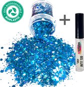 Chunky Glitters (Blauw) (Volume 8g) + Glitter Huid Lijm Biologisch Afbreekbaar [Festival Makeup Gezicht Lichaam - Face Body Glitter - Biologisch afbreekbaar - Versiering Dames Volwassen Kinderen]