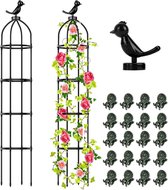 Obelisk Trellis, 2 stuks Trellis Tuinplanten Trellis 145 cm Afneembaar rozenlatwerk met vogeldecoratie & 20 stuks Plantenklemmen voor bloemen en tomaten Klimplanten