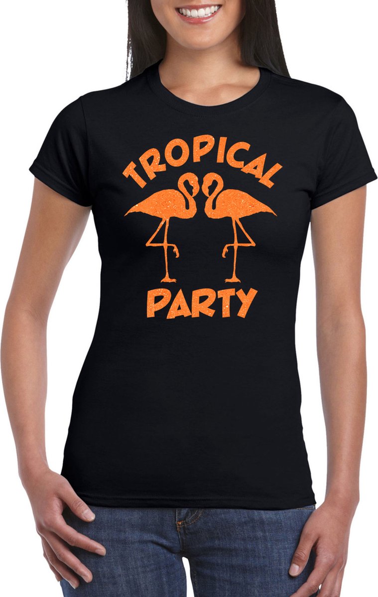 Toppers - Bellatio Decorations Tropical party T-shirt dames - met glitters - zwart/oranje -carnaval/themafeest XL - Bellatio Decorations