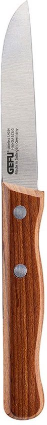 Een GEFU groentemes met een zilverkleurig lemmet en een bruin houten handvat.