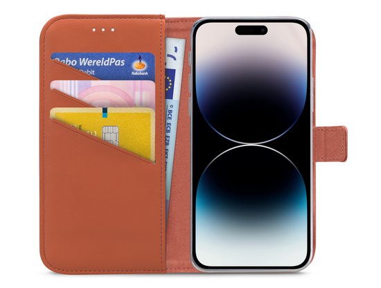 Étui portefeuille orange style livre avec porte-cartes et un téléphone à l'intérieur.