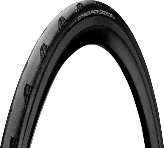 Zwarte Continental Grand Prix 5000 S TR racefietsband met een gedetailleerd profiel.