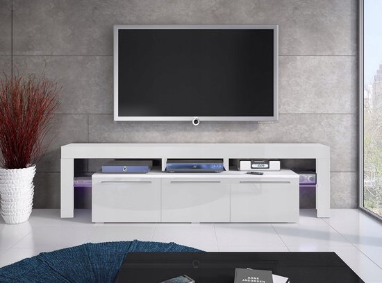 RTV Beta 150 Plus TV-meubel, met LED-verlichting, woonkamermeubel, breedte 200 cm, mat wit / glanzend wit - Maxi Maja