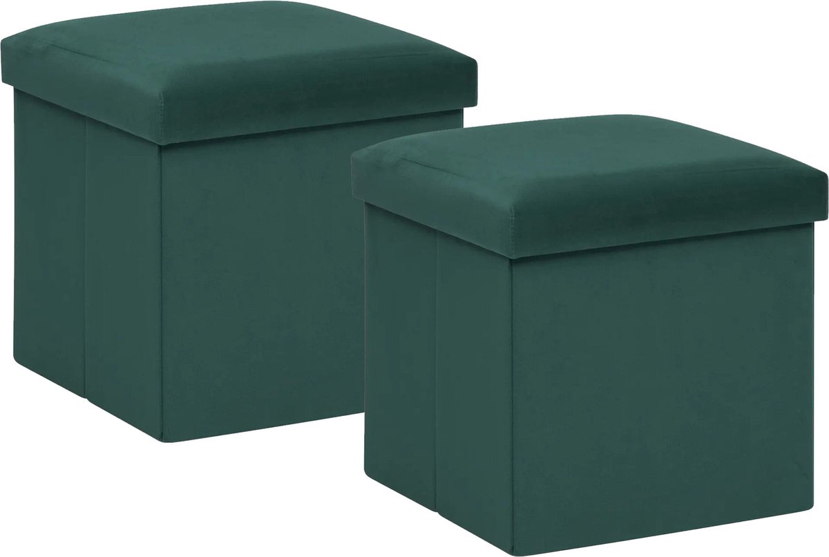 Atmosphera Poef/krukje/hocker Amber - 2x - Opvouwbare zit opslag box - fluweel smaragd groen - D38 x H38 cm - MDF/polyester Emerald groen