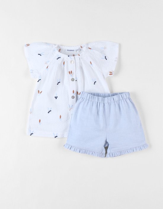 Set blouse brodé fleuri + short, écru/bleu ciel