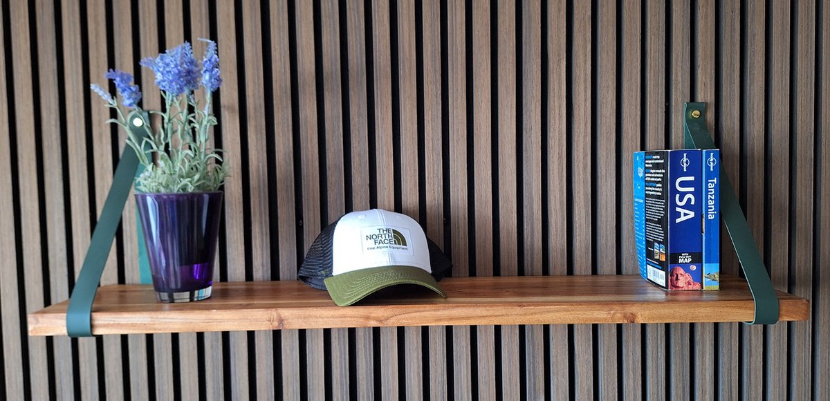 Hoexs - Acacia Hout 90 cm - Leren Plankdragers Groen - Vintage Wandplank