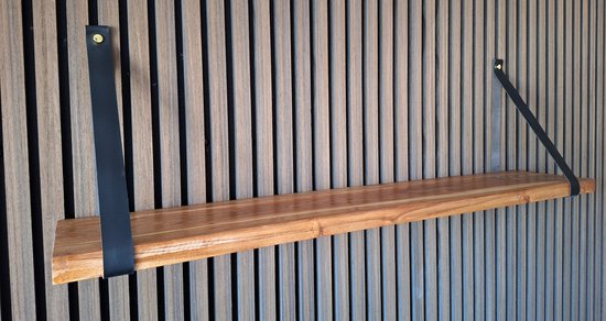 Hoexs - Acacia Hout 80 cm - Leren Plankdragers Zwart - Vintage Wandplank