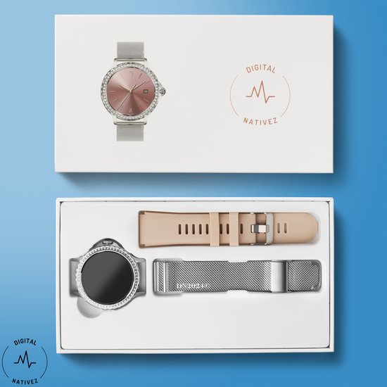 Digital Nativez dames smartwatch horloge zilverkleurig met echte zirkonia’s | incl. extra, makkelijk verstelbare, horlogeband | geschikt voor Iphone en Android | met o.a. NL menu| incl. luxe giftbox – kado - Digital Nativez