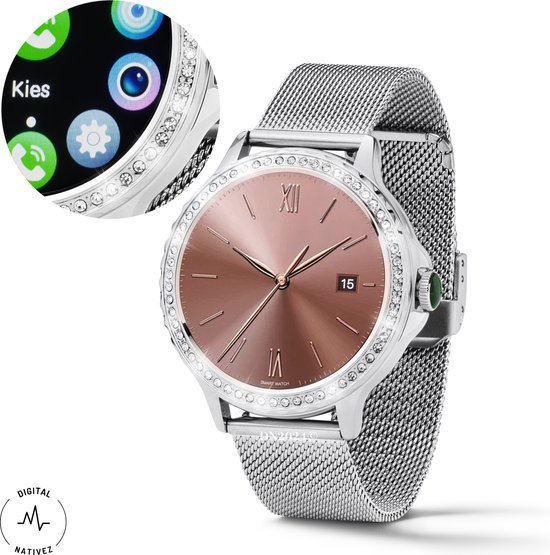 Digital Nativez dames smartwatch horloge zilverkleurig met echte zirkonia’s | incl. extra, makkelijk verstelbare, horlogeband | geschikt voor Iphone en Android | met o.a. NL menu| incl. luxe giftbox – kado