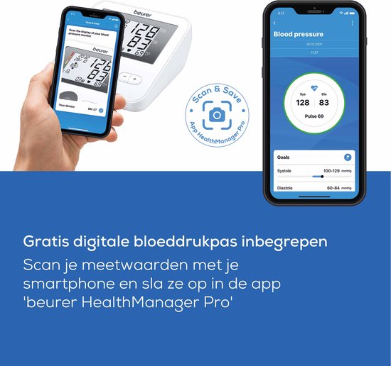 Smartphone houdt bloeddrukmeter voor display, rechts de app 'beurer HealthManager Pro'.