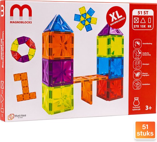 Verpakking van MagnoBlocks magnetische bouwblokken XL: 51 stuks, met blokken in blauw, paars, oranje.