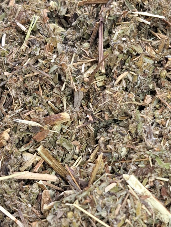 Bijvoet (Artemisia vulgaris) thee met groene en bruine kruiden en takjes.