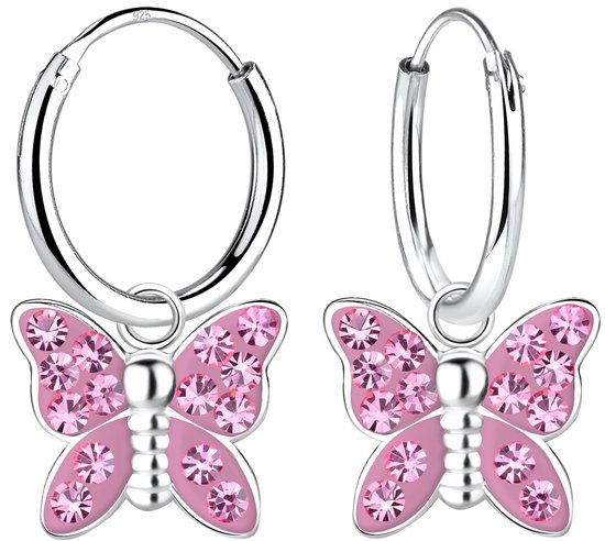 Joy|S - Zilveren vlinder bedel oorbellen - oorringen - roze met roze kristalletjes - kinderoorbellen