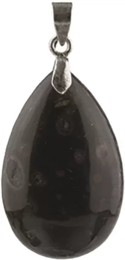 Zwarte druppelvormige hanger met rode en grijze spikkels.