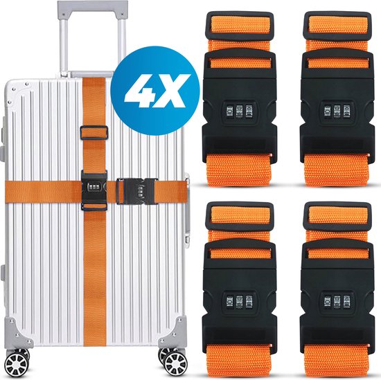 Sangle de valise avec serrure à combinaison et étiquette de valise - 4 pièces - Ajustable - Sangle de bagage - 200 centimètres - Sécurité Extra - Voyages - Oranje