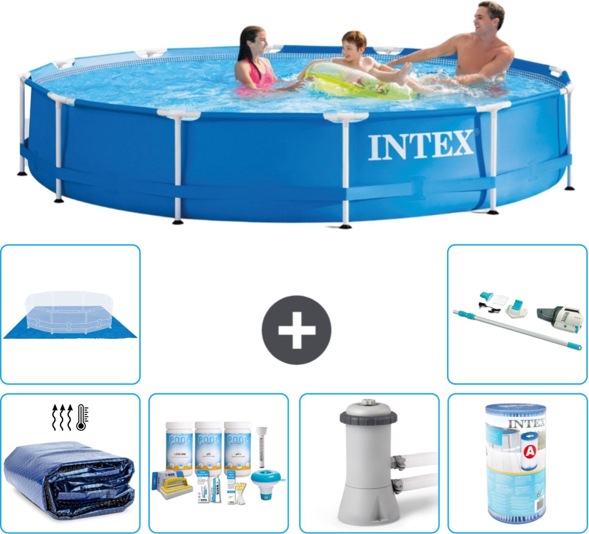 Intex Rond Frame Zwembad - 366 x 76 cm - Blauw - Inclusief Solarzeil - Onderhoudspakket - Zwembadfilterpomp - Filter - Grondzeil - Stofzuiger