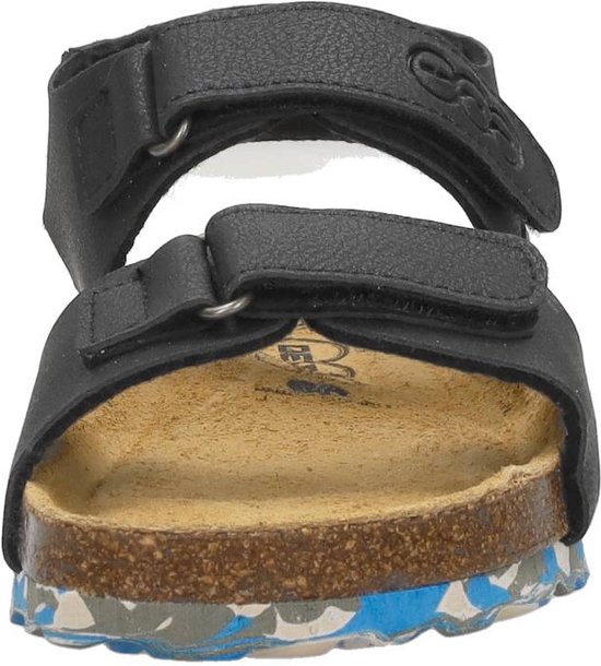 Vooraanzicht van zwarte Develab sandalen met klittenband en kurken zool.