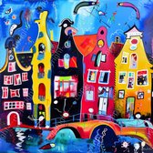 JJ-Art (Canvas) 60x60 | Amsterdam, huizen, brug, gracht, humor, Herman Brood stijl, abstract, kunst | stad, Nederland, vierkant, oranje, blauw, geel, rood, woonkamer, modern | Foto-Schilderij canvas print (wanddecoratie)