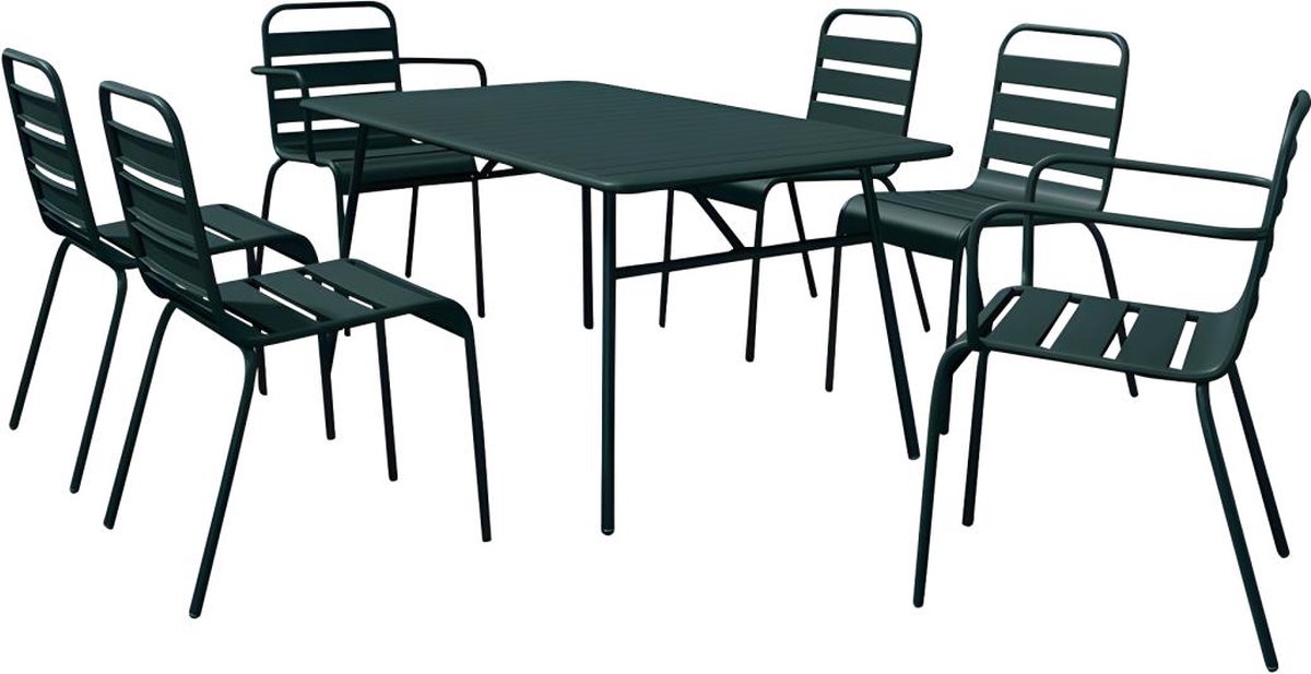 MYLIA Tuineethoek van metaal - Een tafel D160 cm met 2 opstapelbare fauteuils en 4 opstapelbare stoelen - Spargroen - MIRMANDE van MYLIA L 160 cm x H 79 cm x D 80 cm