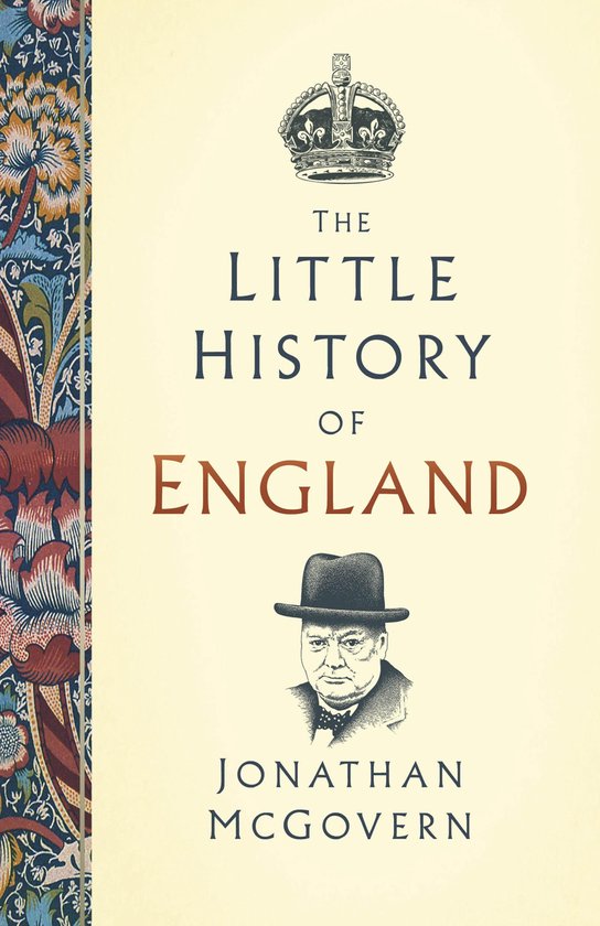 Boek met de titel 'The Little History of England', met een afbeelding van Winston Churchill en een kroon.
