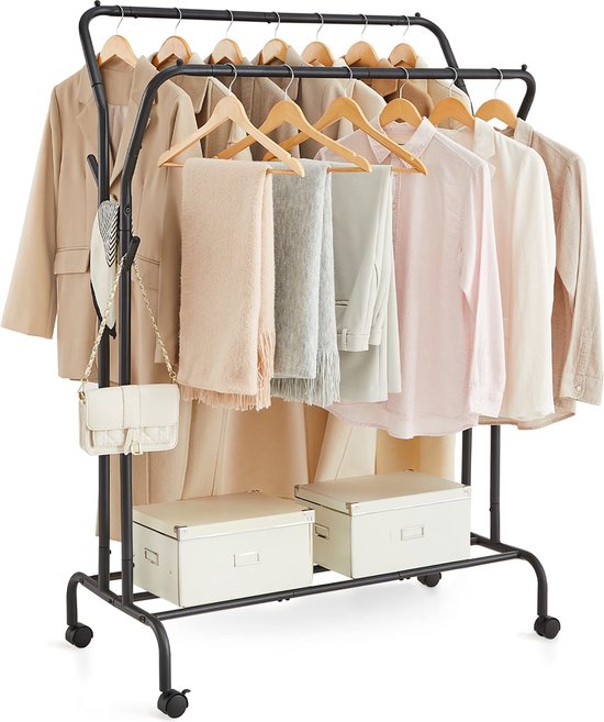 SONGMICS Coat rack on wheels, 2 clothes rails, coat rack made of steel tubes, load capacity up to 100 kg, 103.5 cm wide, multifunctional storage