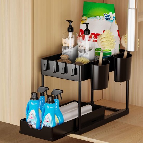 Owelth Rek 2 etages voor onder wastafel, spoelkastorganizer met schuiflade, spoelkastrek, onderkastorganizer met 4 haken en 2 kopjes, organizer voor onder de gootsteen, voor badkamer, keuken, wit