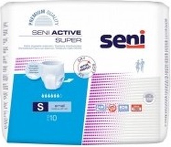 Seni Active Super incontinentiebroekjes, maat S, verpakking van 10 stuks in wit met blauwe en roze accenten.