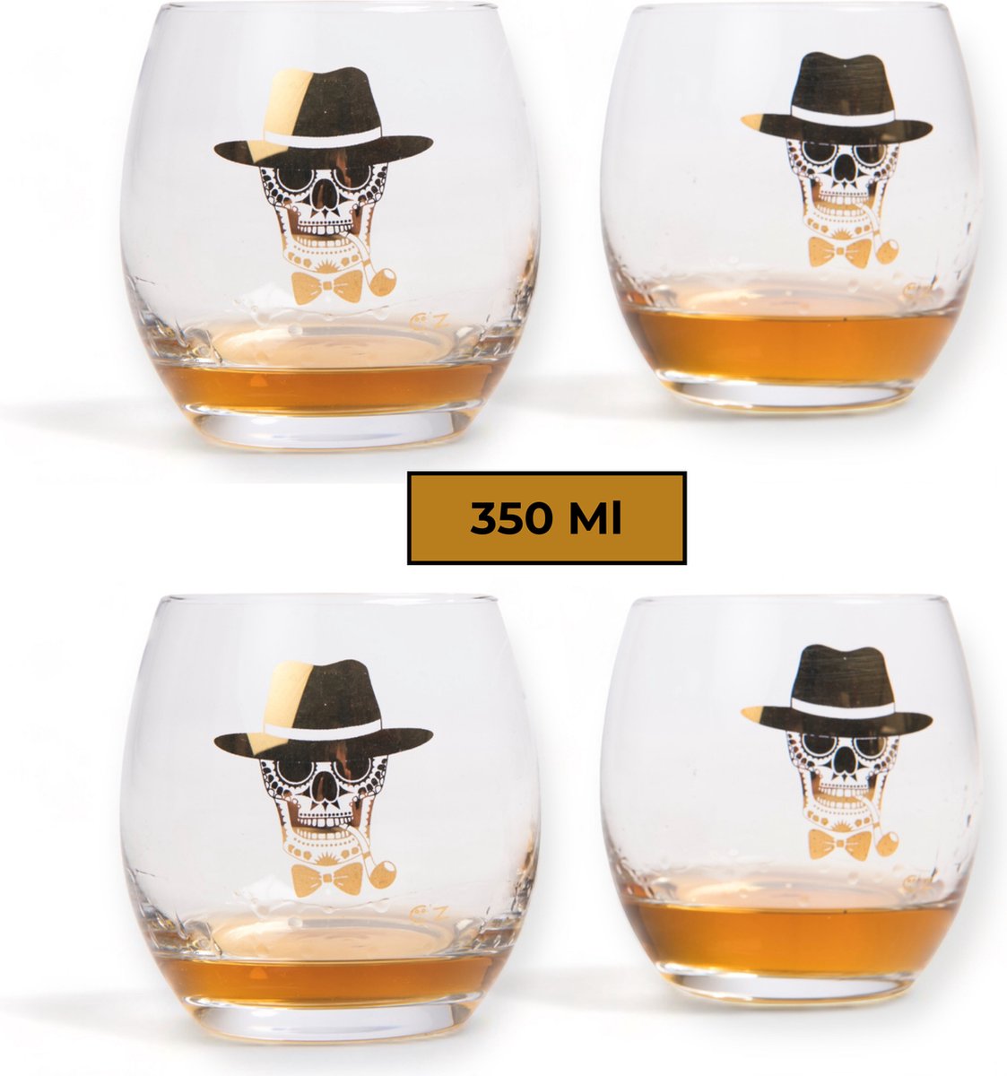 Catrinaz® - Whiskey glazen - Gouden skull - 4 St - 35 cl - Uniek glas - Exclusief bij Catrinaz®- Premium kwaliteit - Vaderdag Tip