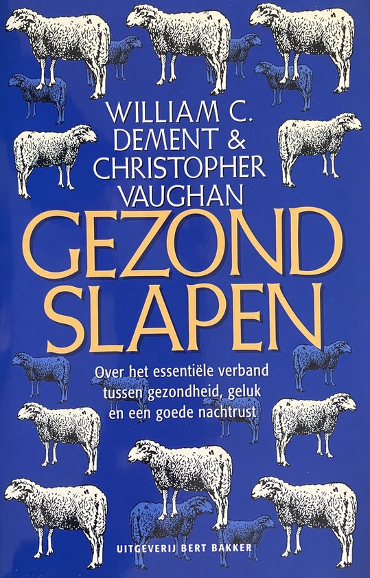 Boek 'Gezond Slapen' met schapenillustraties op blauwe achtergrond.