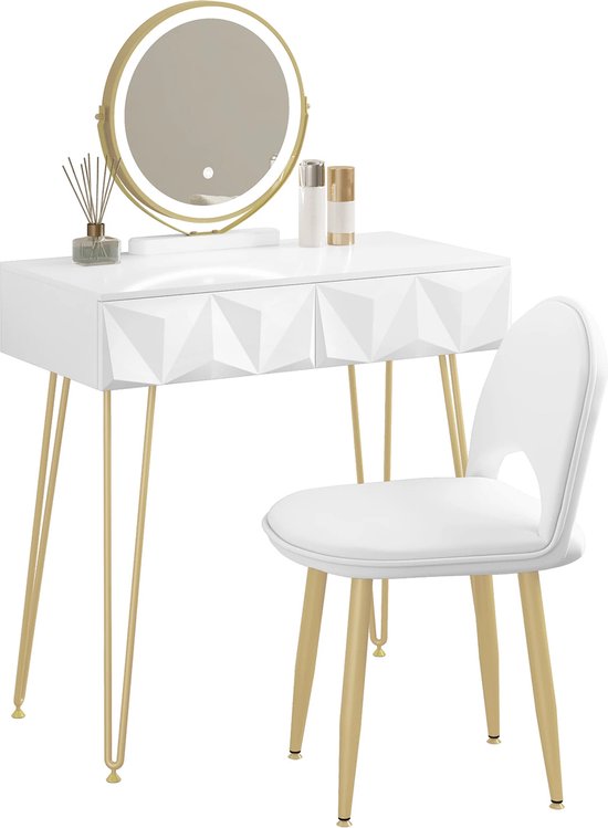 Gran Vida® - Make-Up tafel - Kaptafel Met Spiegel - Led Spiegel - fluwelen stoel - 80x40 CM - Wit Met Goud